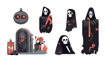 Skeleton death Halloween set flat cartoon isolated on white background. Vector isolated illustration
