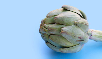 Fototapeta premium Fresh artichoke on blue background.