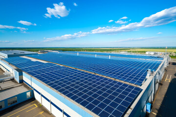 Large industrial building with solar panels on top. Green technology showcase