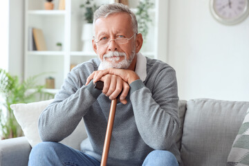 Senior man with stick sitting on sofa at home