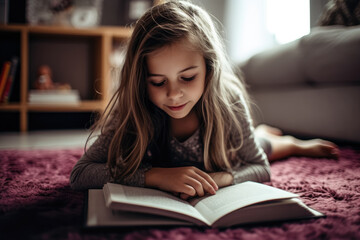 Small girl lying on the floor in her room, reading a book. Generative AI