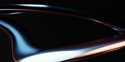 Liquid metal lines in motion dark background. Modern abstract backdrop. Design element for banner, cover, wallpaper and background. Realistic 3D rendering.