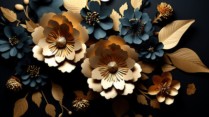 3d mural floral wallpaper. golden and black flowers and leaves. 3d render background wall decor