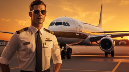 Close-up portrait of a pilot outside an airplane - obrazy, fototapety, plakaty