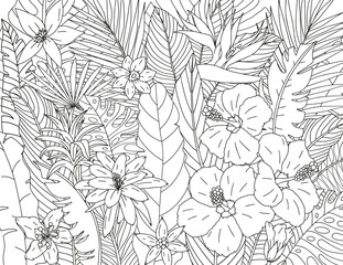 Coloring page made of tropical flowers and leaves. The best activity to relieve stress.