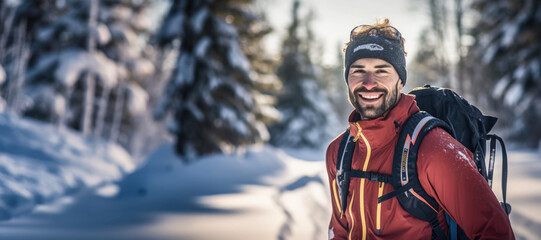 Young man in warm clothes with blurred snow covered landscape background. Winter hiker or cross country skier. Generative AI