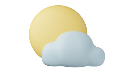 Round yellow sun with cloud in cartoon style isolated on transparent and white background. Synoptic concept. 3D render