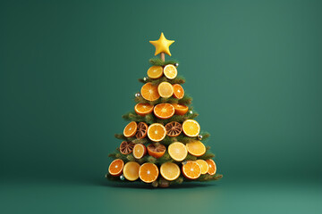 AI. Christmas tree for decorating the Christmas table from citrus slice, cinnamon sticks, anise stars on a green background. - Powered by Adobe