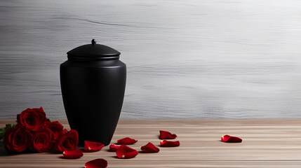 Rose and urn with ashes on a light background, funeral concept. Cremation.