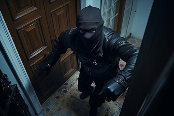 A thief dressed in black and a black mask breaking into a house, camera view.generative ai
