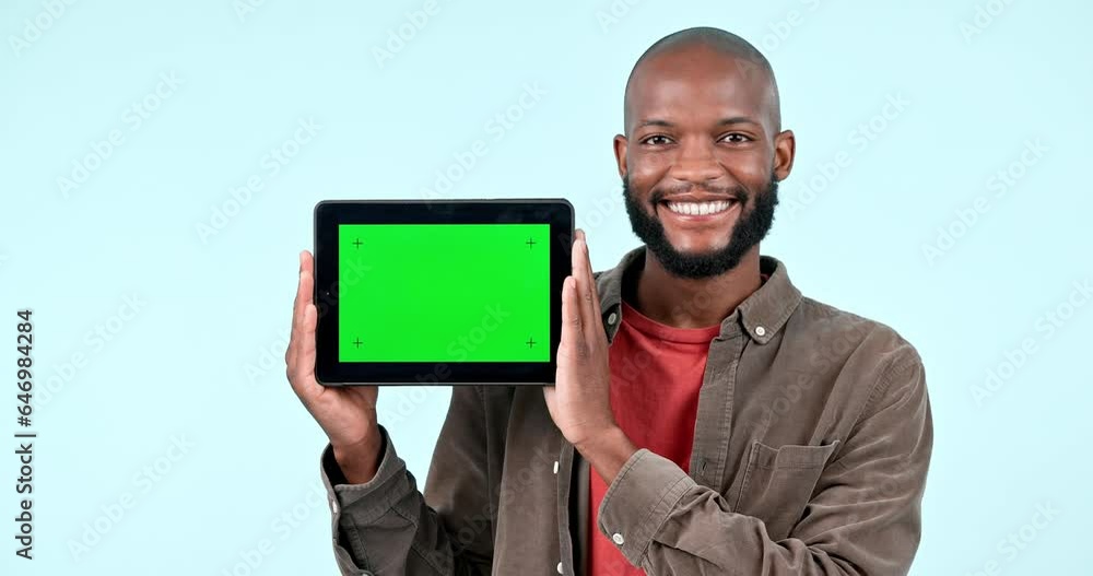Poster green screen, tablet mock up and a man in studio with website, internet and social network. face, po