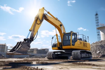 Deurstickers Big yellow excavator on construction site or builder machine.generative ai  © Ivan