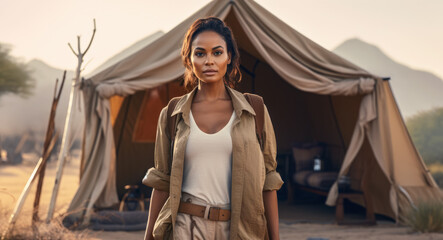 Young woman in adventurer outfit on African safari. Standing next to camp tent, blurred savanna...