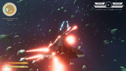 Science fiction singleplayer game with spaceship shooting laser bullets at meteorites using crosshair overlay to accurately hit targets. Spacecraft flying in cosmos, ray tracing graphics and high FPS © DC Studio