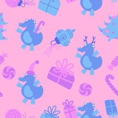 Obraz na płótnie Canvas New year dragon seamless cartoon Christmas dinosaur pattern for wrapping paper and kids clothes print