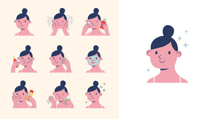 Skincare routine illustrations with cute girls. Cream, lotion, mask, eye cream and sunscreen bottles