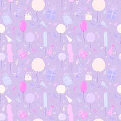 Cartoon festive seamless birthday balloons and gifts box pattern for wrapping paper and fabrics and kids clothes print