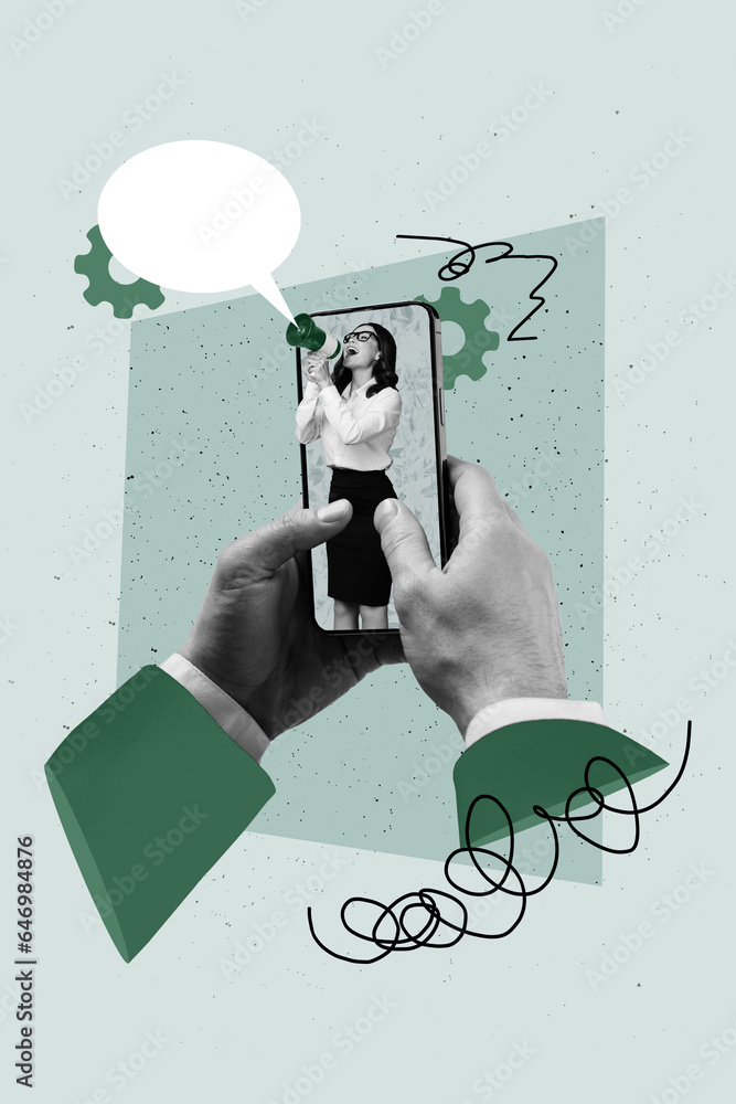 Poster vertical collage of business lady screaming megaphone loudspeaker announcement round cloud message p