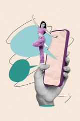 Collage illustration of funky young lady elegance dancing summertime discotheque smartphone sms...