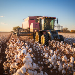 A large cotton plantation is harvested with modern equipment, ai generated