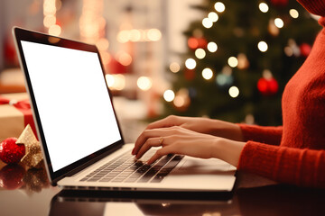 Woman wearing red sweater using laptop with blank white background on christmas tree background with space for your text or inscriptions, online christmas gift shopping concept.generative ai
