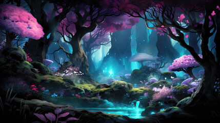 Fantasy landscape with a magical forest