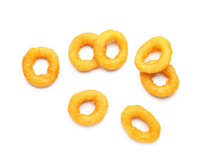 Fried breaded onion rings on white background