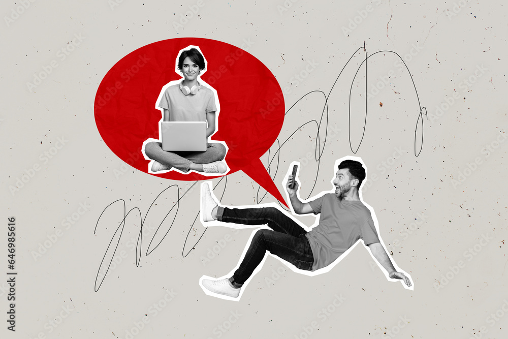 Poster artwork collage of excited black white effect guy use smart phone chatting girl netbook inside dialo