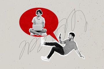 Artwork collage of excited black white effect guy use smart phone chatting girl netbook inside...