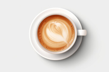Beautiful latte macchiato coffee with foam drawing in white cup isolated on white background, top view.generative ai
 - obrazy, fototapety, plakaty
