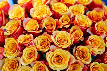 Large and beautiful bouquet of orange yellow roses. 