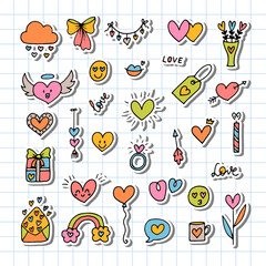 Collection of romantic objects and symbols. Stickers. Love, wedding, date, Valentine. Hand drawn, doodle, sketch style line