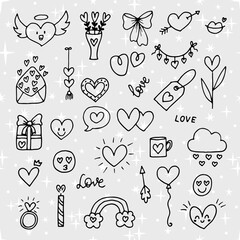 Collection of romantic objects and symbols. Love, wedding, date, Valentine. Hand drawn, doodle, sketch style line