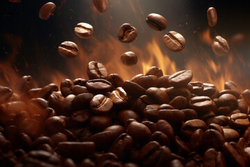 Beautiful background with explosive coffee beans and fire with smoke in the background.generative ai
