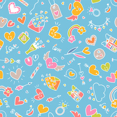 Love background. Romantic seamless pattern. Valentine, wedding design. Wrapping paper. Hand drawn, sketch, doodle