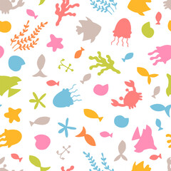 Seamless pattern with underwater animals. Ocean, sea life. Nautical background. Flat style