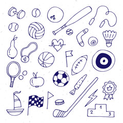 Set of hand drawn sport elements. Sport equipments icons collection. Fitness, healthy lifestyle