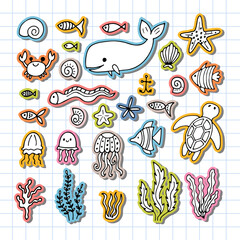 Set of sea animals in hand drawn style. Ocean life. Underwater, under the sea, marine. Stickers
