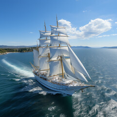 Aerial view modern multi-masted cruise sailing ship, AI generated