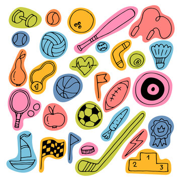 Set of hand drawn sport elements. Sport equipments icons collection. Fitness, healthy lifestyle