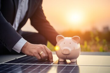 A businessman next to solar panels with a pink piggy bank on them, suggesting savings when using solar panels.generative ai
 - obrazy, fototapety, plakaty