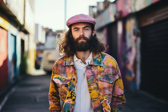Hipster man with long curly hair and beard in a colorful jacket and cap posing on the street