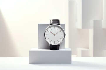 A beautiful luxury silver watch with a white dial and black strap on a beautiful background with white figures.generative ai
