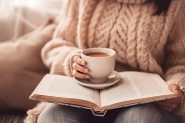 image woman in cozy knitted sweater holding a cup