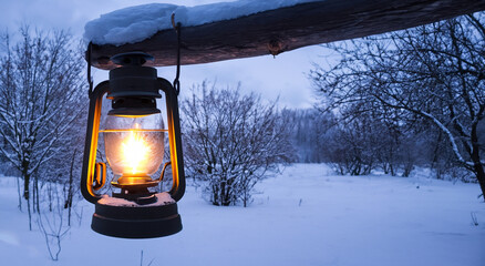lit lamp on a branch in winter at night