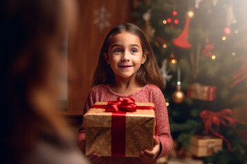Fototapeta na wymiar Little delighted girl holding a Christmas gift against the background of a decorated Christmas tree in winter holidays.generative ai 