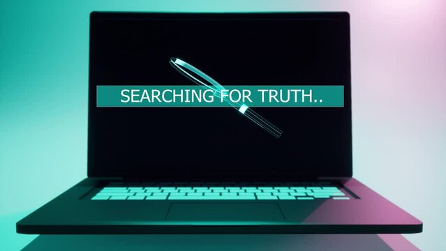  animation of opened laptop and searching for truth but truth not find. Artificial intelligence judment system