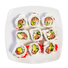 Appetizing Urumaki rolls with salmon, avocado, pepino and tobiko. Isolated over white background
