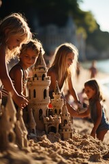 Children build a sandcastle on a beach. Generative AI