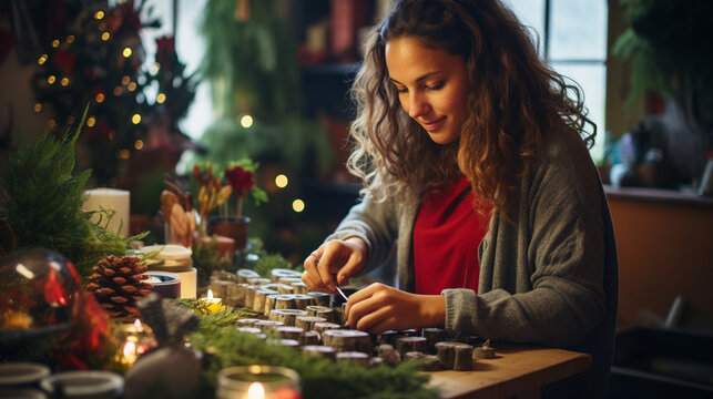 Women crafting DIY Advent wreath at Christmas-themed table